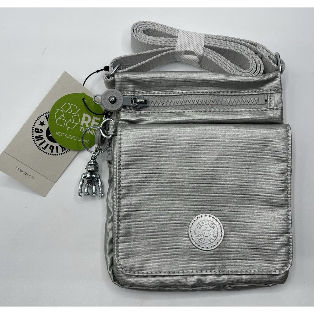 Kipling Eldorado Mini Crossbody Silver Bright Metallic Bag Monkey charm